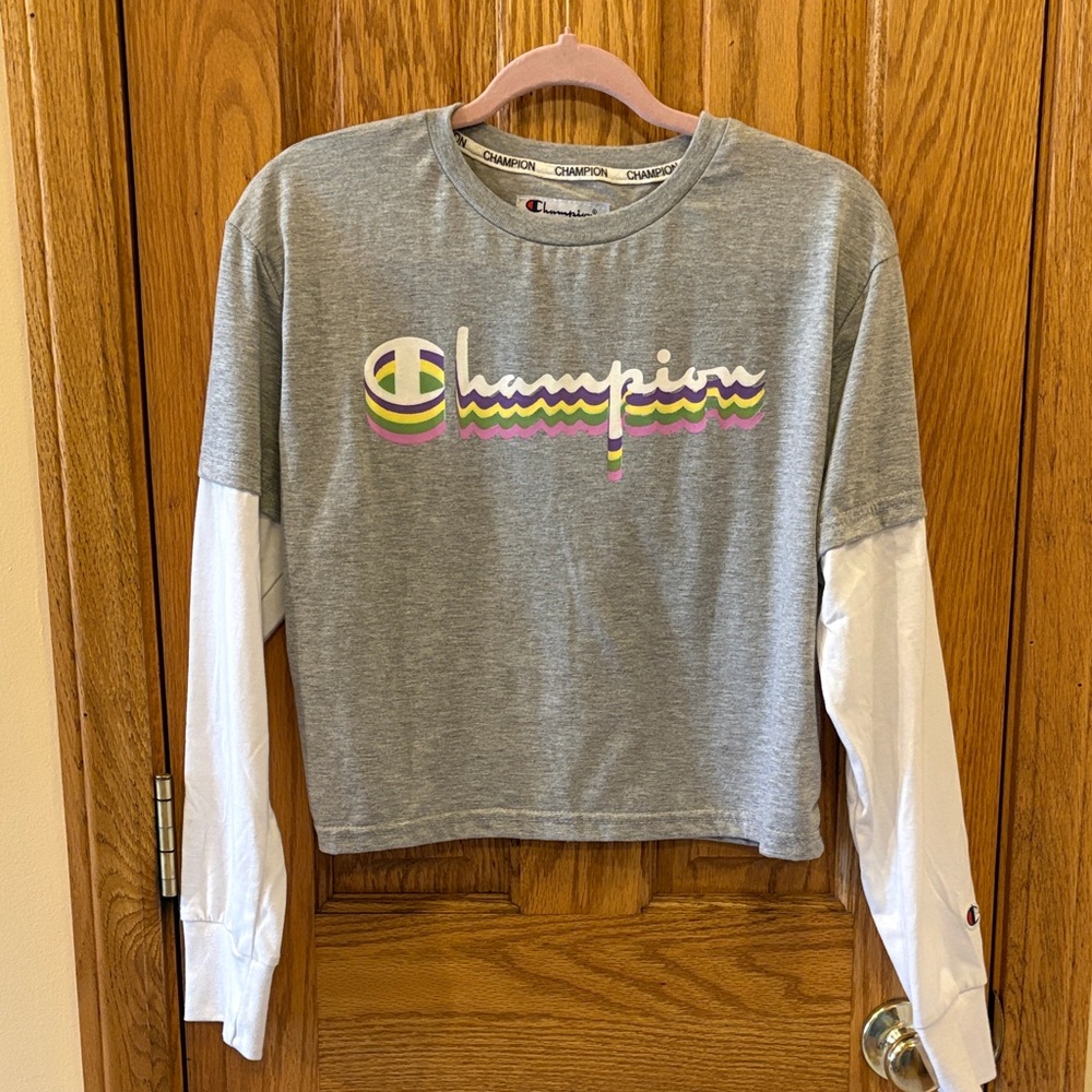 Champion Women’s Gray Cropped Tee with White Layered Sleeves and Multicolor Logo
